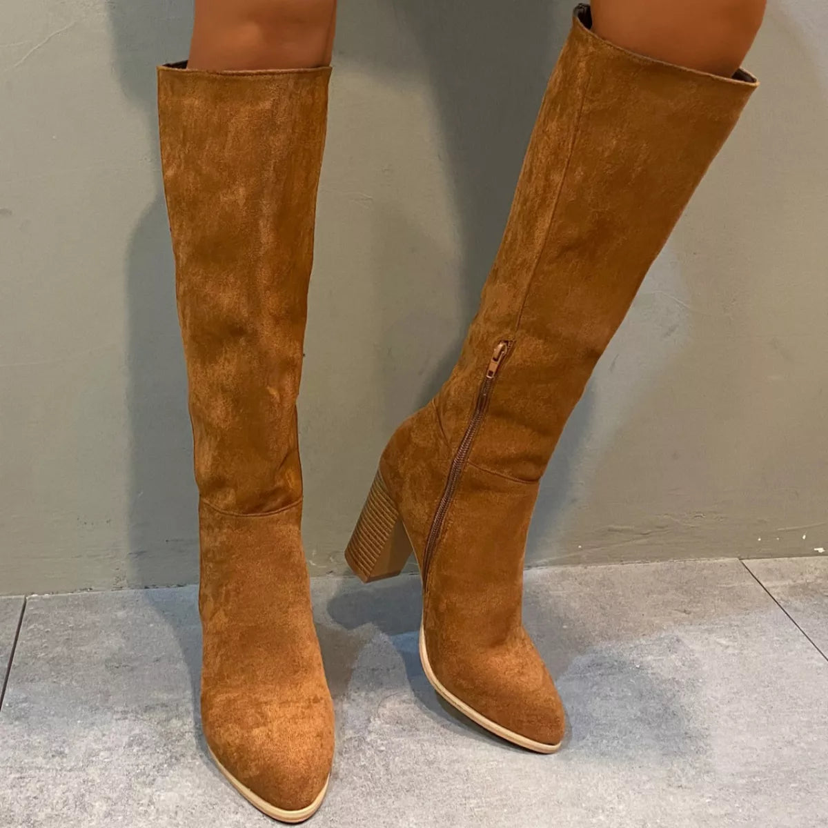 Point Toe Knee-High Suede Block Heel Boots -