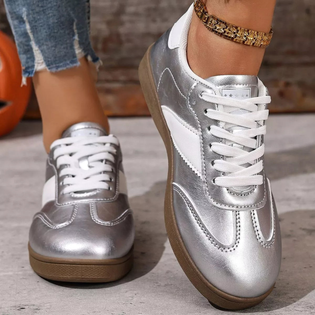 Round Toe Lace Up Sneakers - Silver