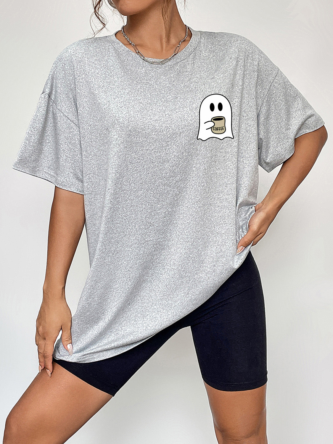 Round Neck Short Sleeve Ghost Graphic T-Shirt - Cloudy Blue