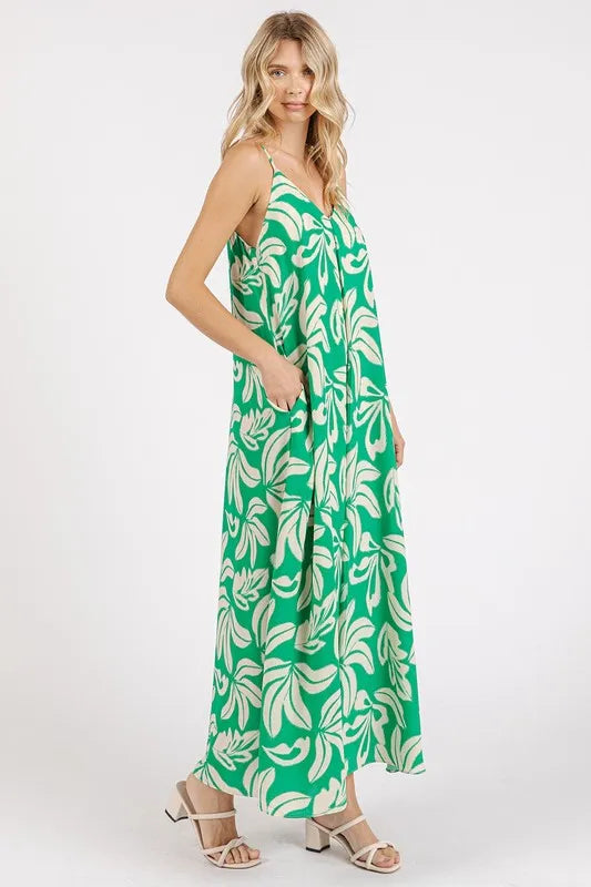Printed V-Neck Maxi Cami Dress - Kelly Green