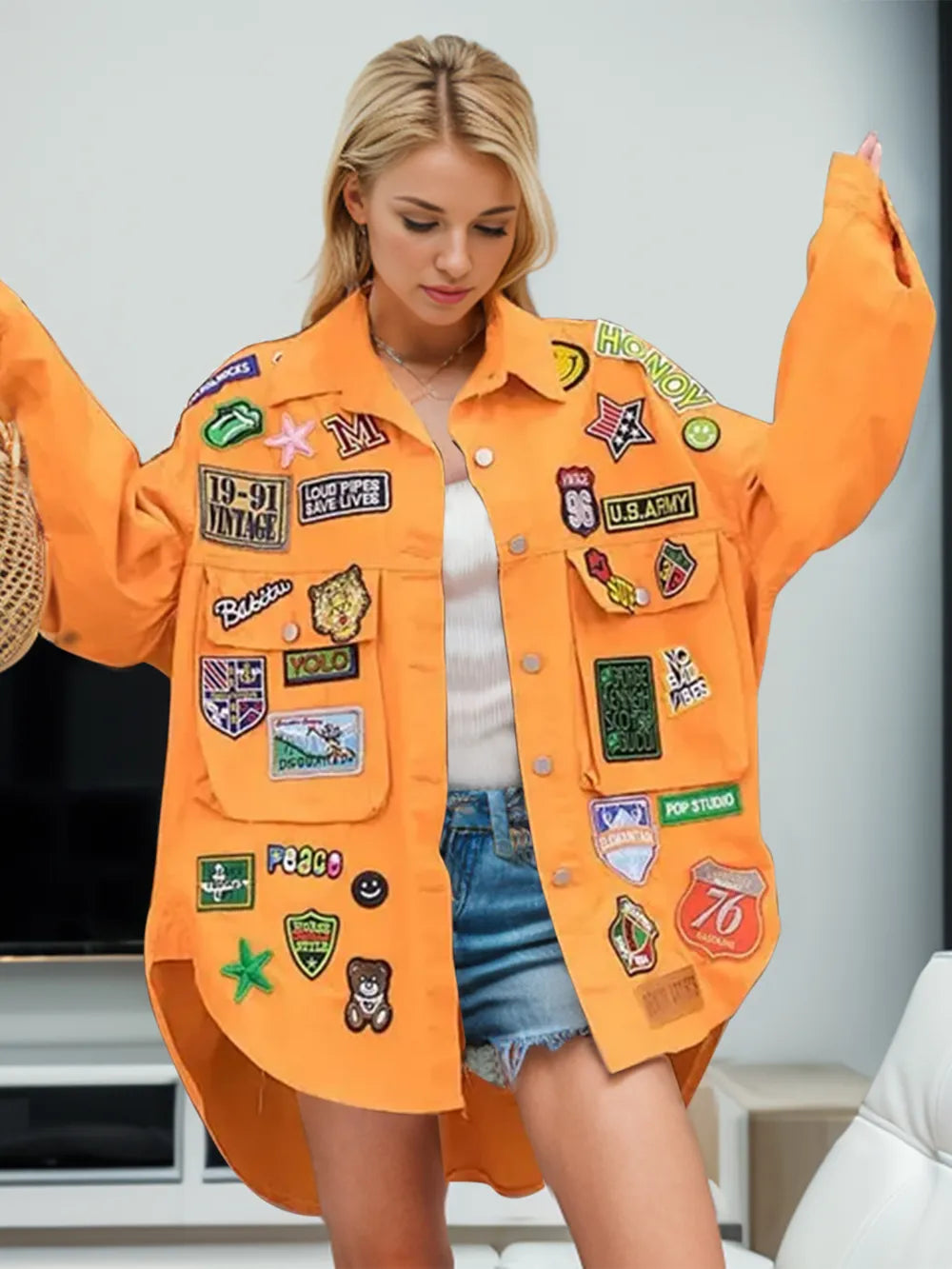 Embroidered Patch Button Up Denim Jacket - Terracotta