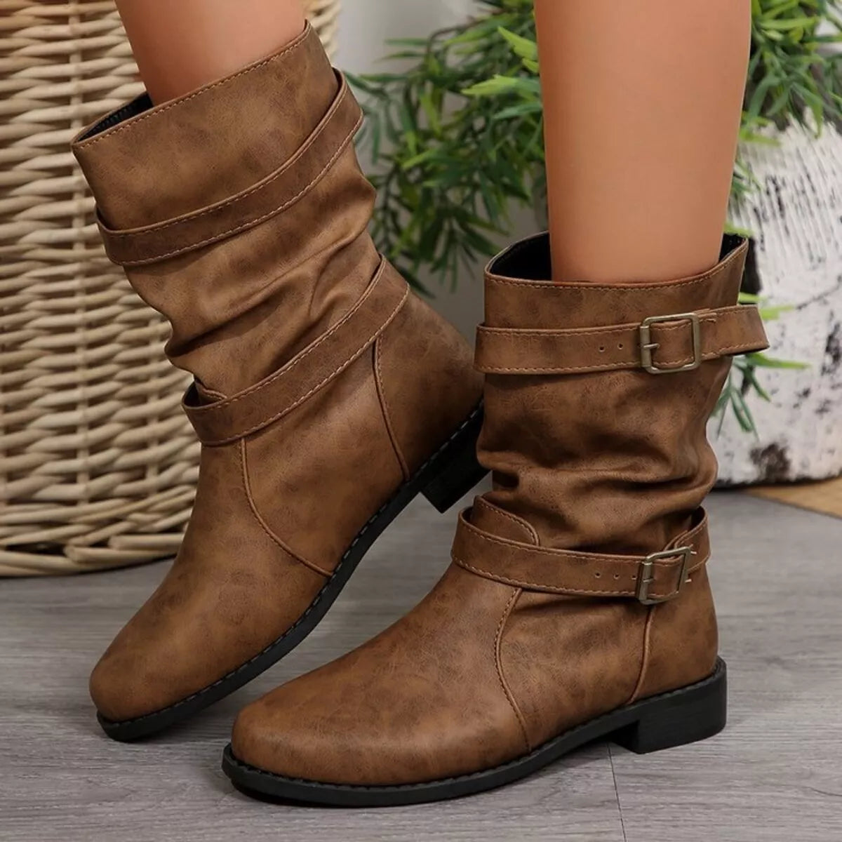 Buckled Low Heel Boots - Caramel