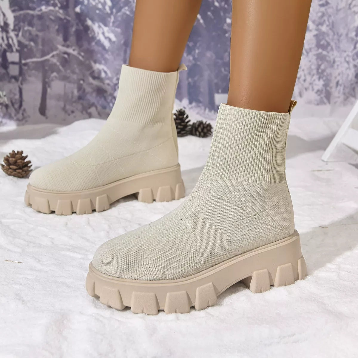 Round Toe Block Heels Boots - Beige