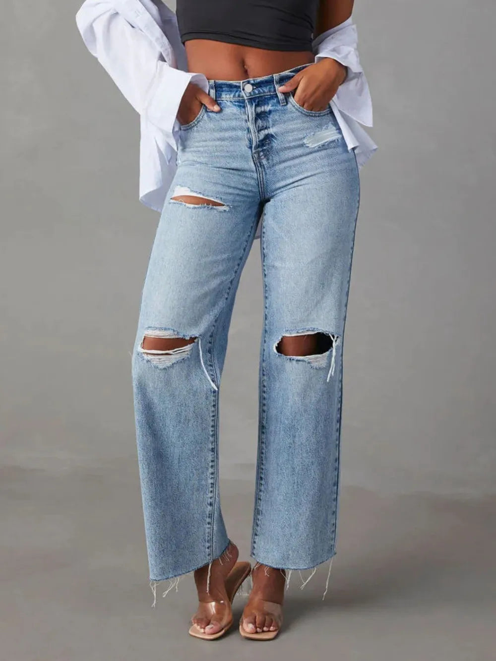 Distressed Straight Leg Jeans - Light