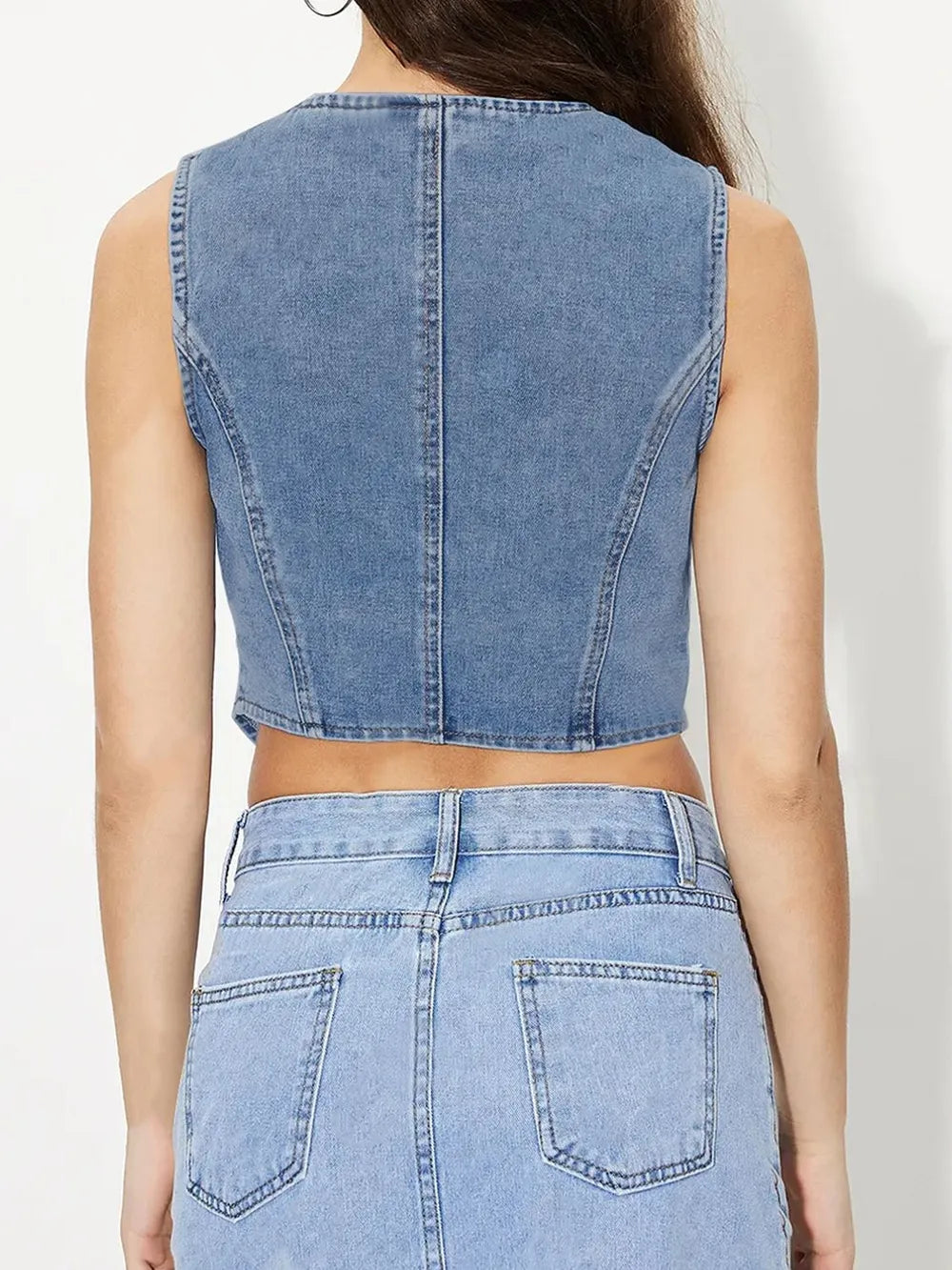 V-Neck Button Up Denim Vest -