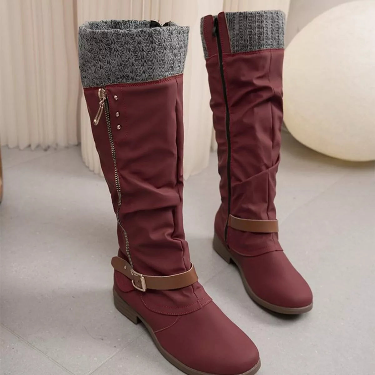 Knee High Slouch Boots - Burgundy
