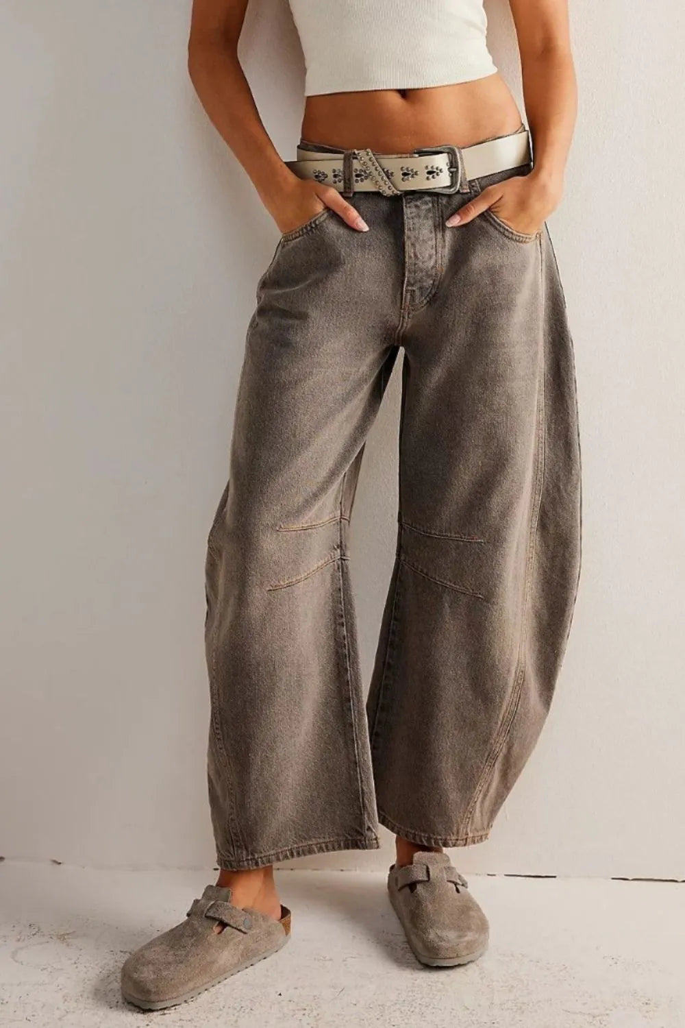 Wide Leg Jeans - Taupe
