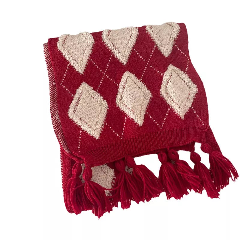 Diamond Pattern Knitted Tassel Scarf -
