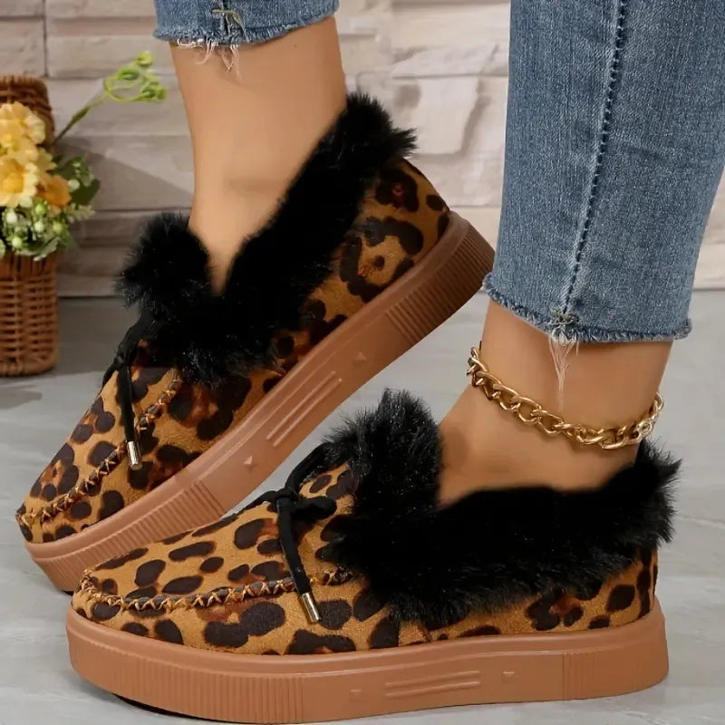 Bow Furry Round Toe Flat Slip-Ons -