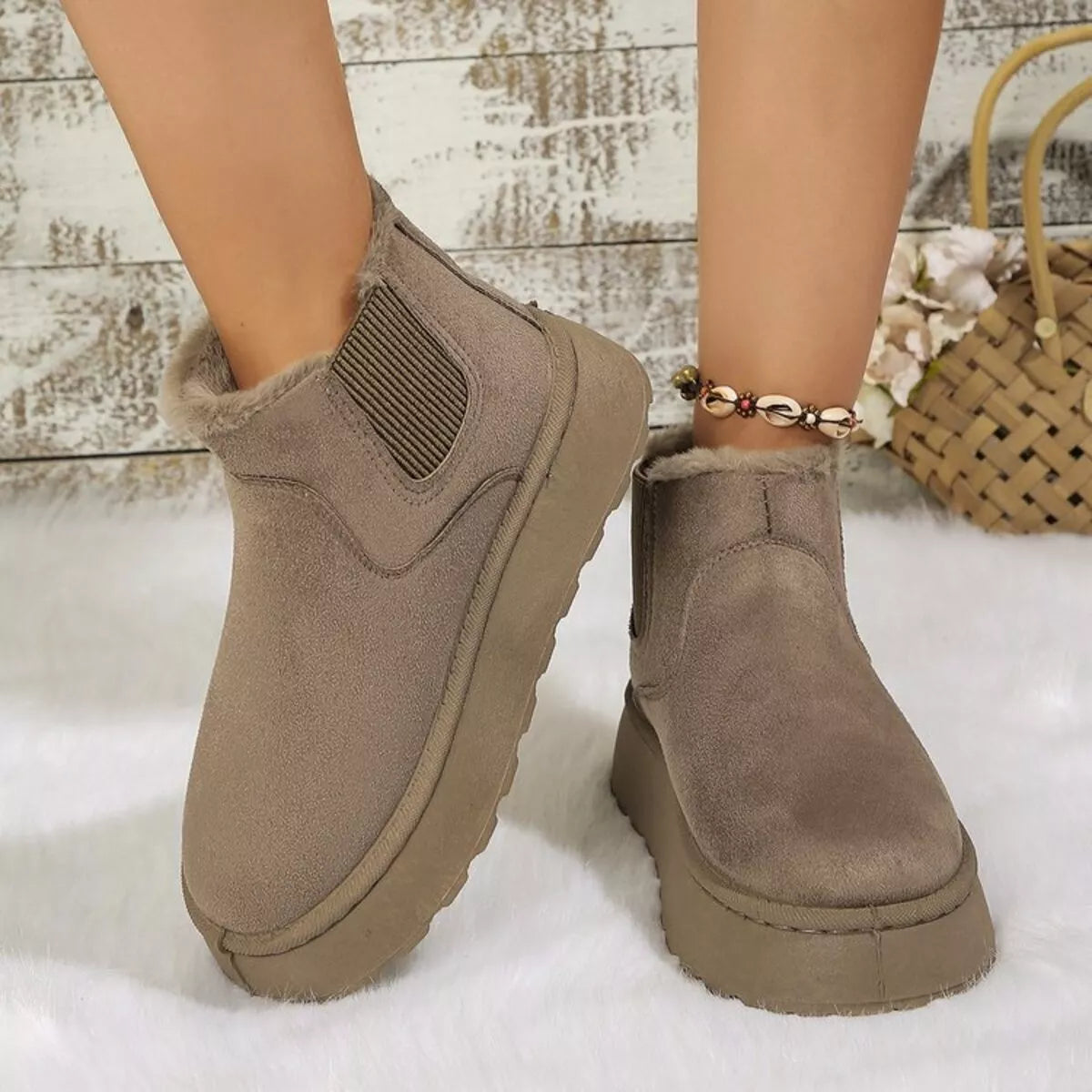 Round Toe Platform Ankle Boots - Khaki