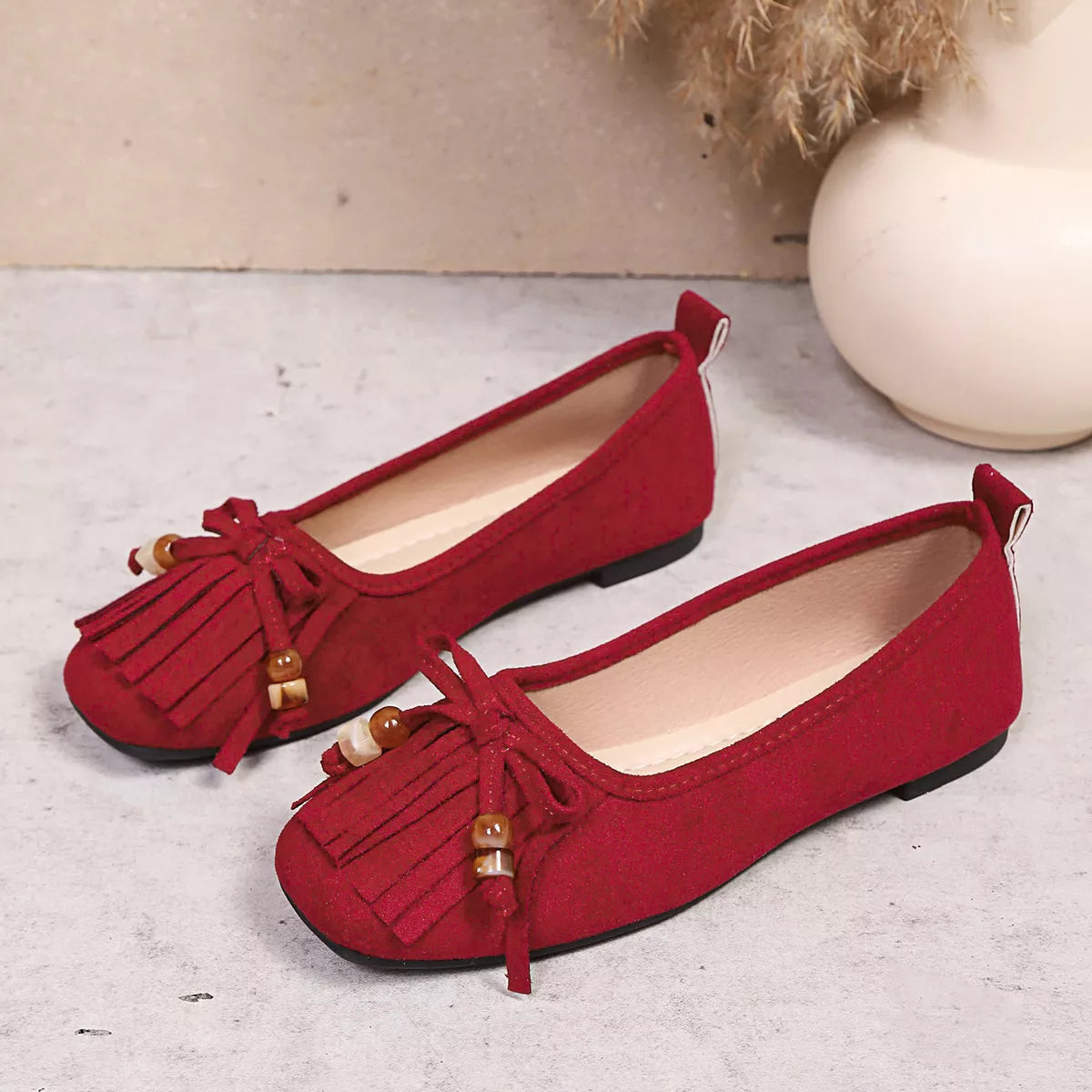 Suede Fringe Slip-Ons - Red