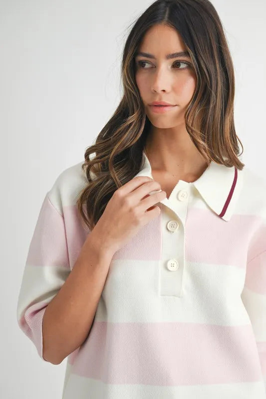 Oversized Stripe Polo Collar Sweater - Pink