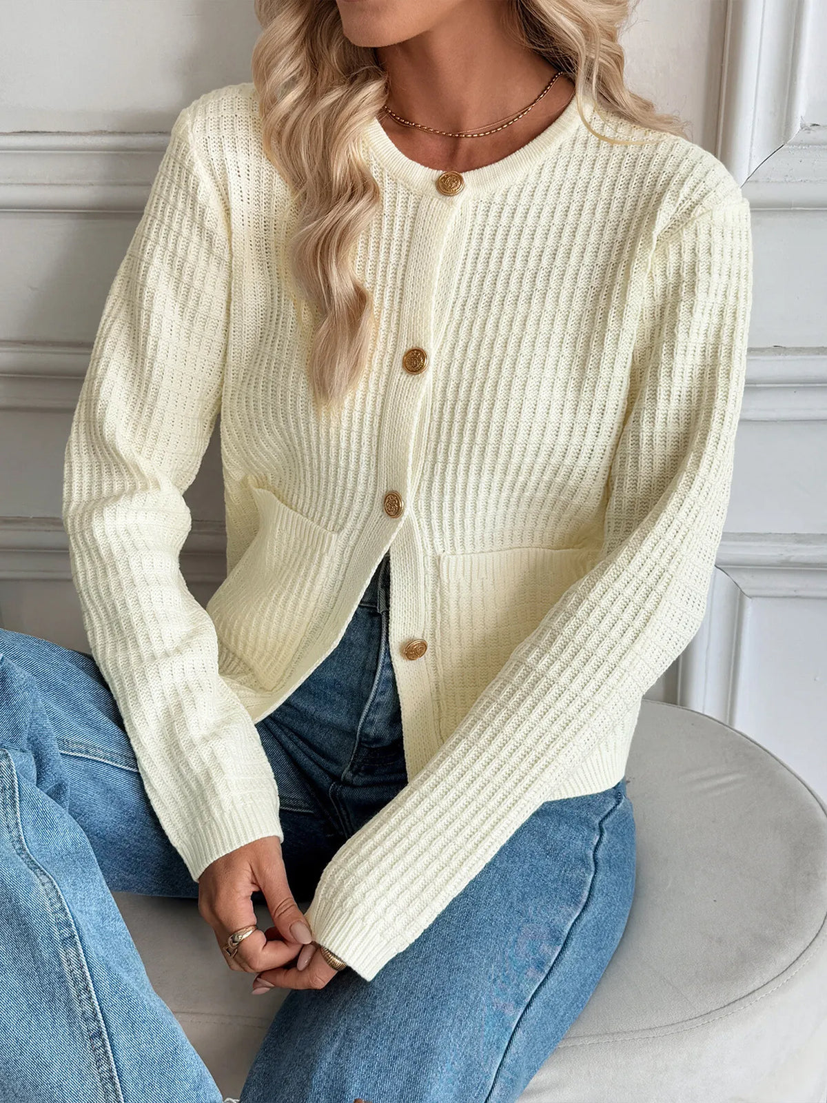 Button-Up Long Sleeve Cardigan - Off White