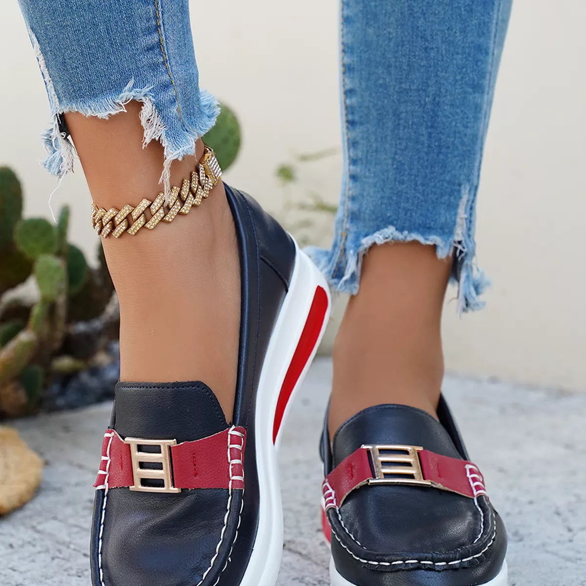 Metal Buckle Round Toe Slip-Ons -