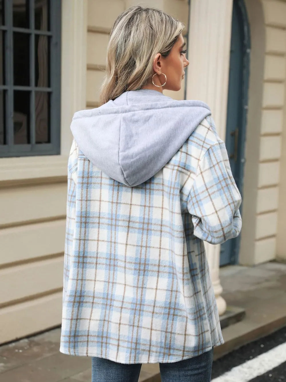 Drawstring Plaid Button Up Hooded Jacket -