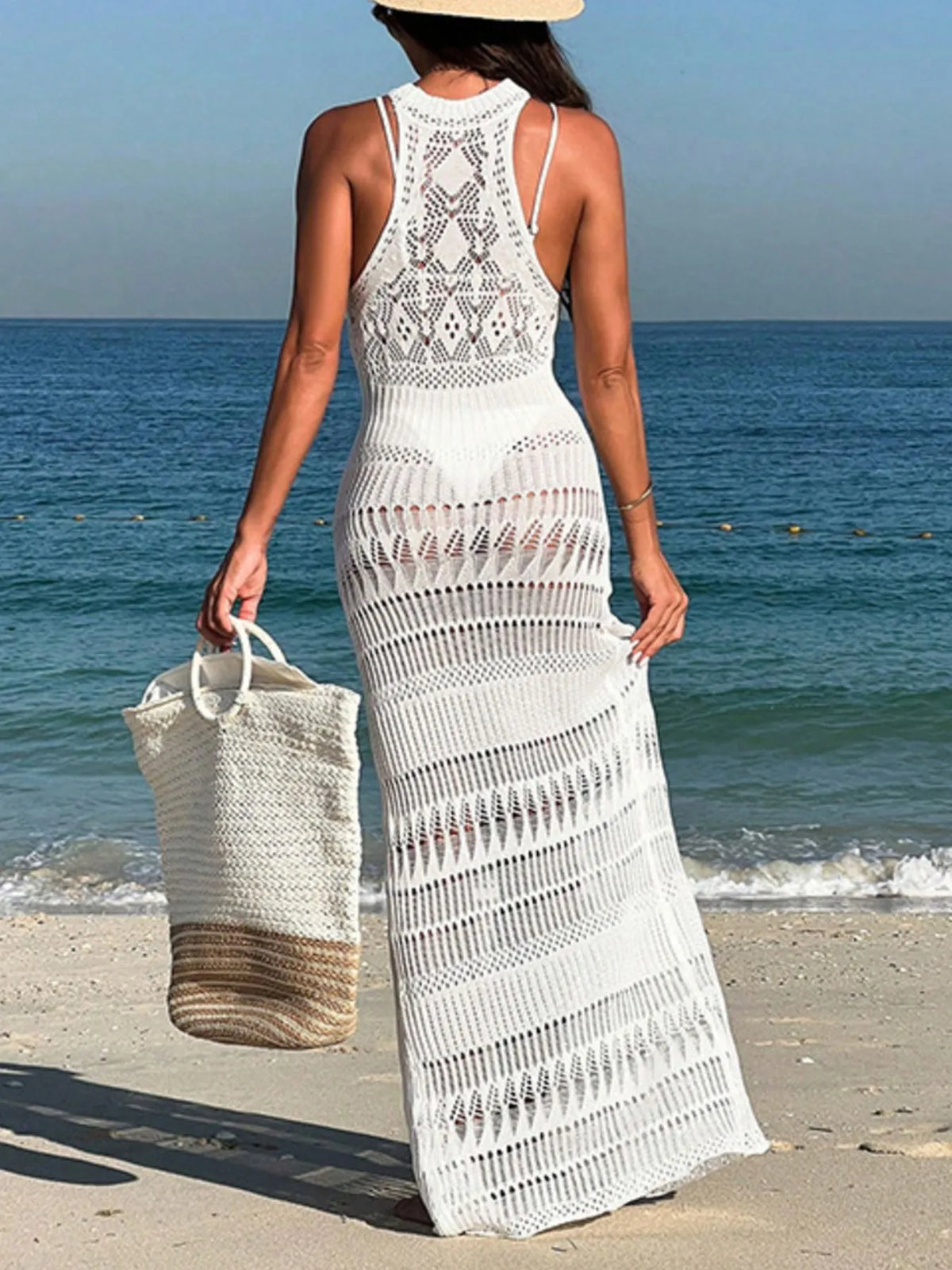 Crochet Sleeveless Split Cover-Up Maxi Dress -