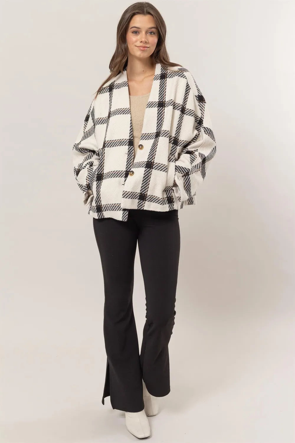 Plaid Long Sleeve Jacket - Cream