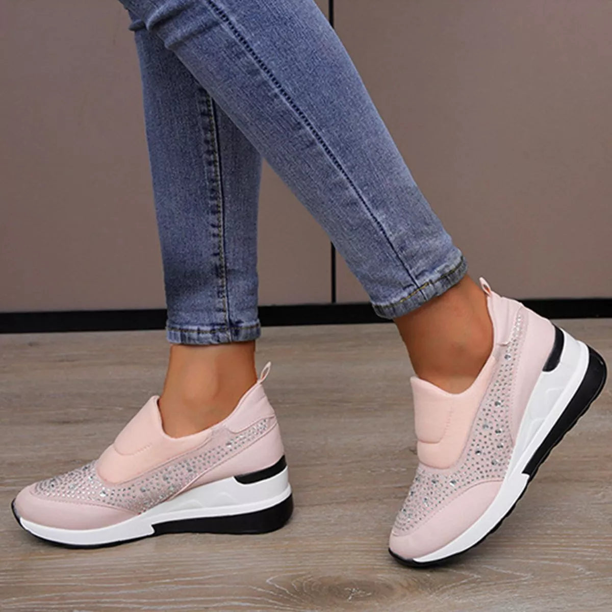 Rhinestone Embellished Wedge Sneakers - Pink
