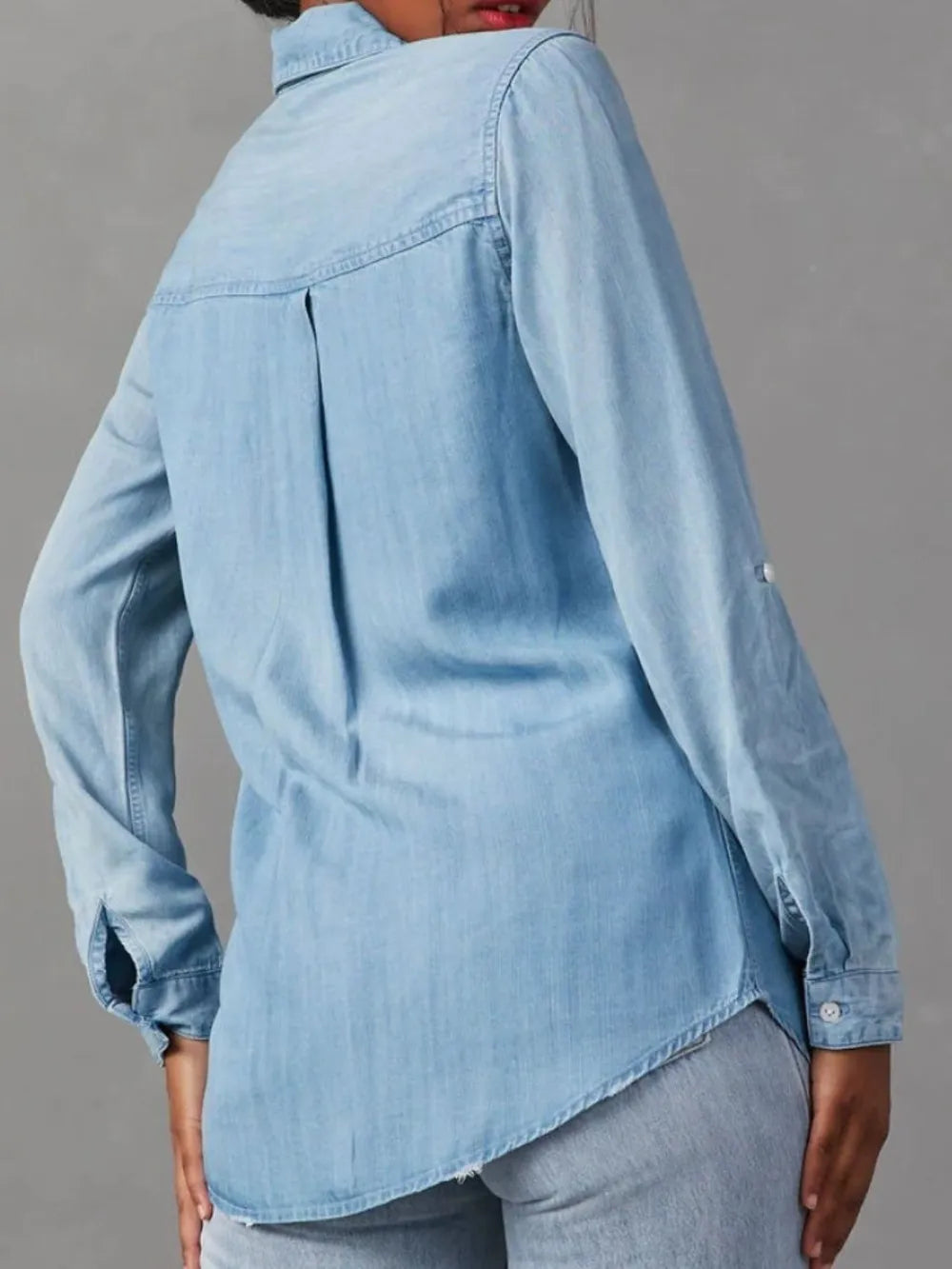 Collared Neck Roll-Tab Sleeve Denim Top -