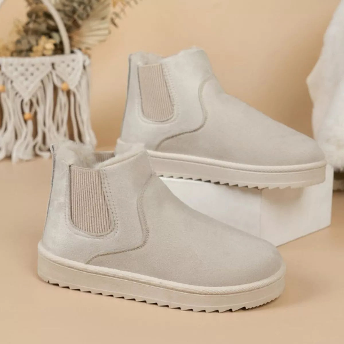 Round Toe Platform Boots - Beige