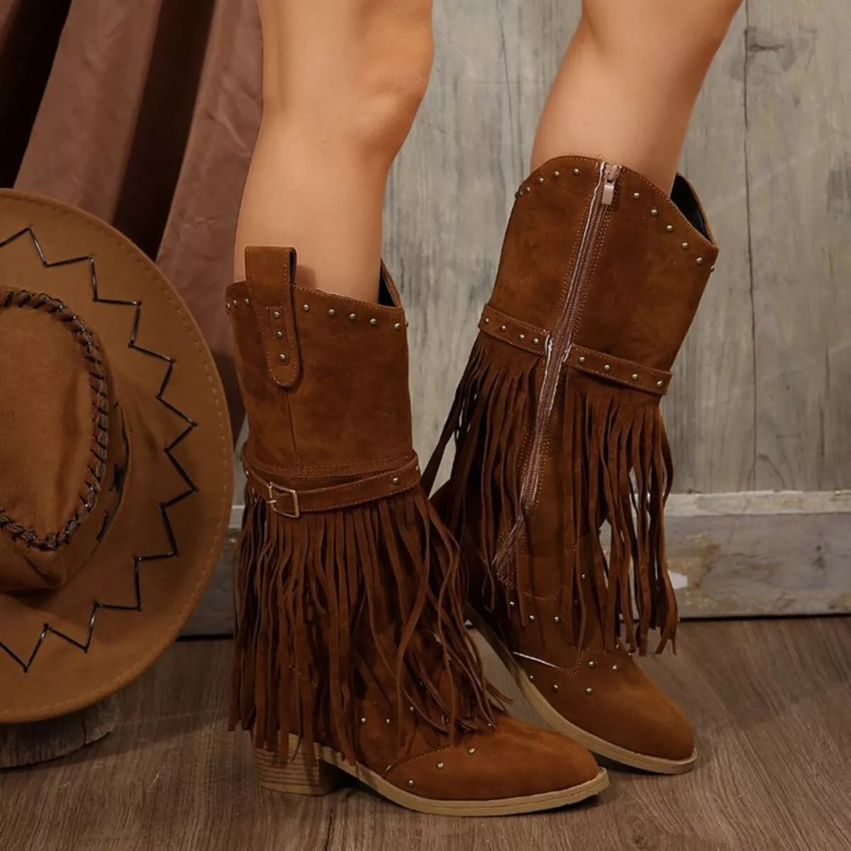 Fringe Point Toe Block Heels Boots - Caramel