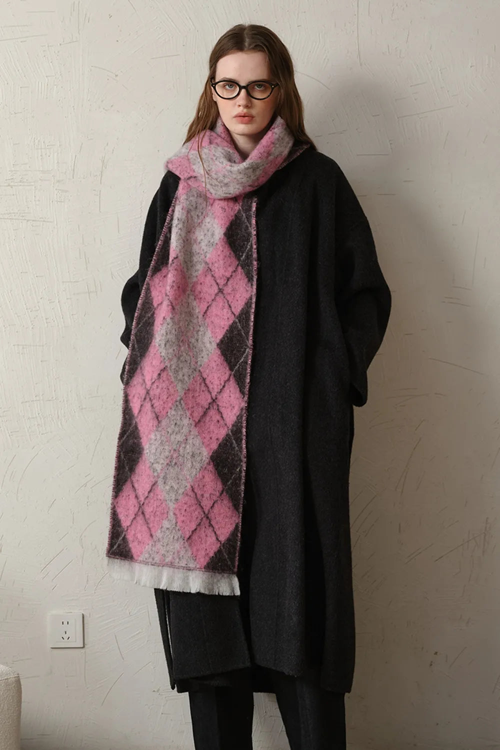 Fringe Argyle Polyester Scarf - Hot Pink One Size