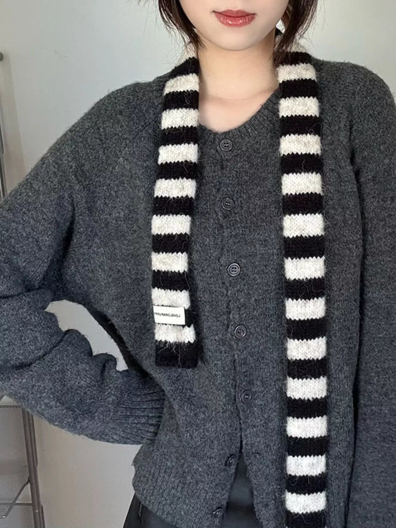 Striped Knitted Warm Scarf - Black One Size