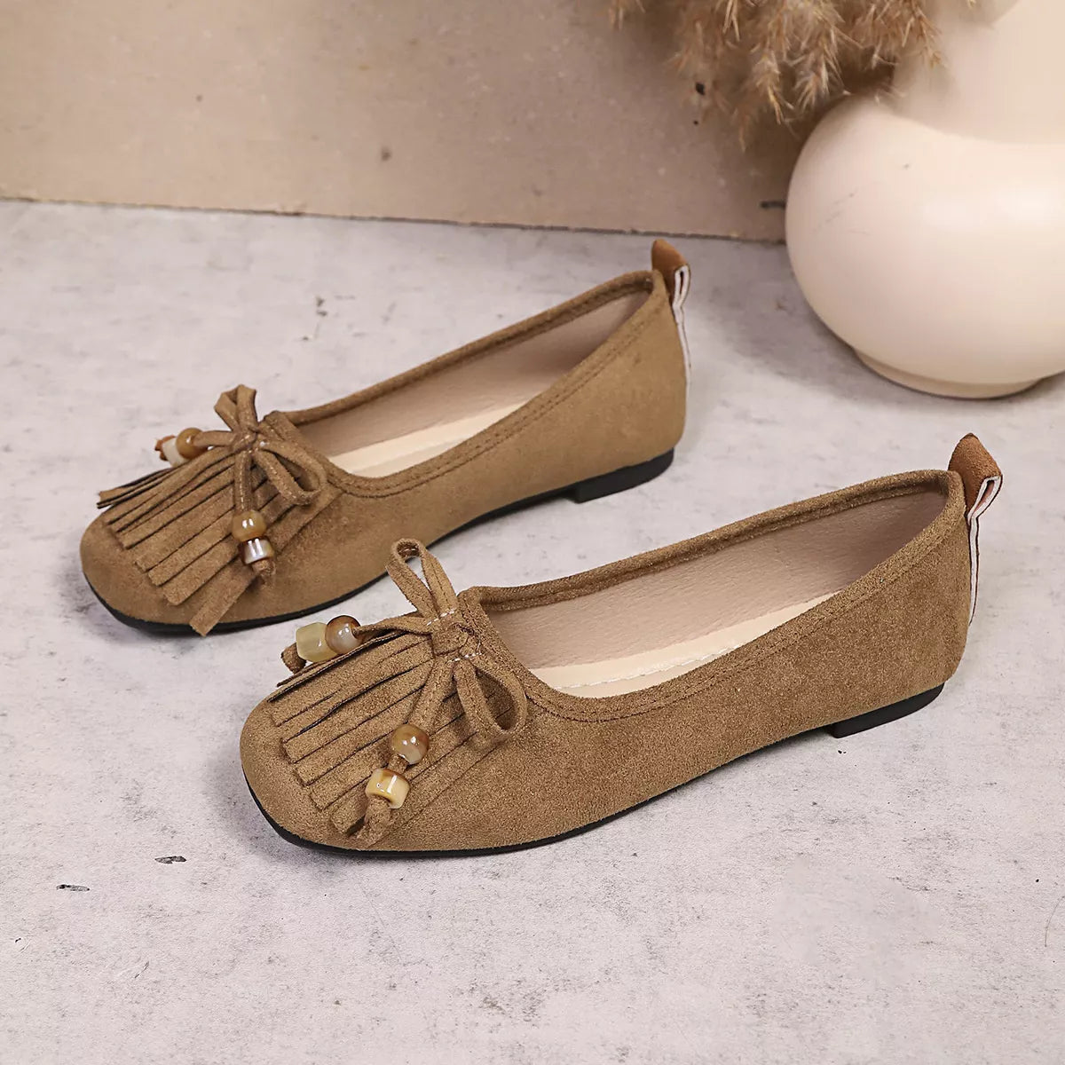 Suede Fringe Slip-Ons -