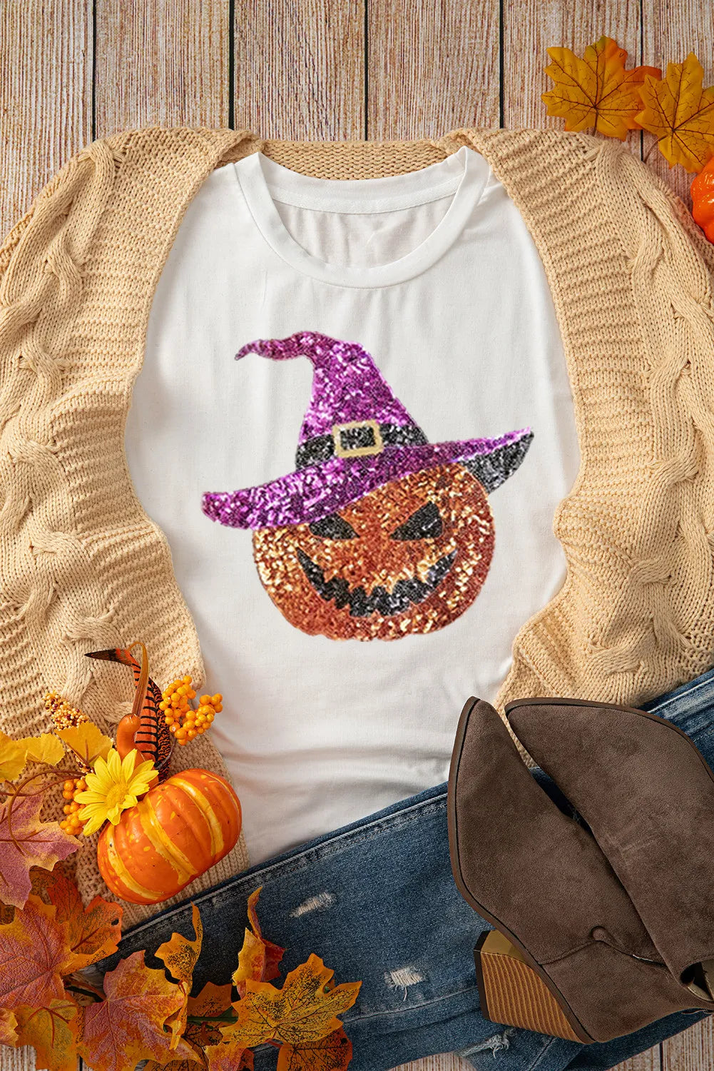 Sequin Pumpkin Round Neck Short Sleeve T-Shirt -