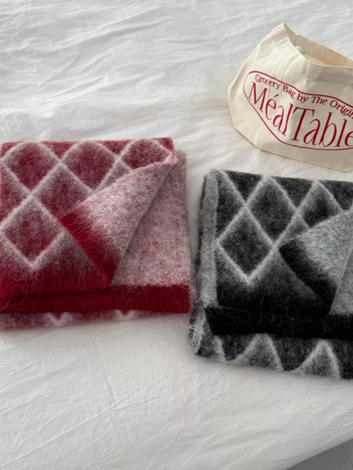 Diamond Pattern Fuzzy Knit Scarf -
