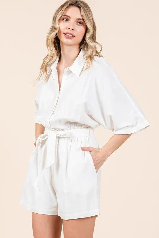 Tie Waist Half Sleeve Romper -
