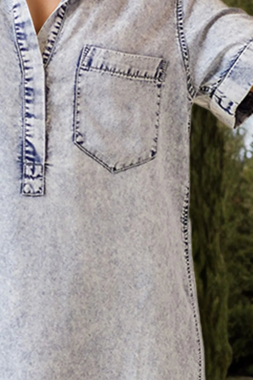Pocketed Collared Neck Short Sleeve Denim Dress -
