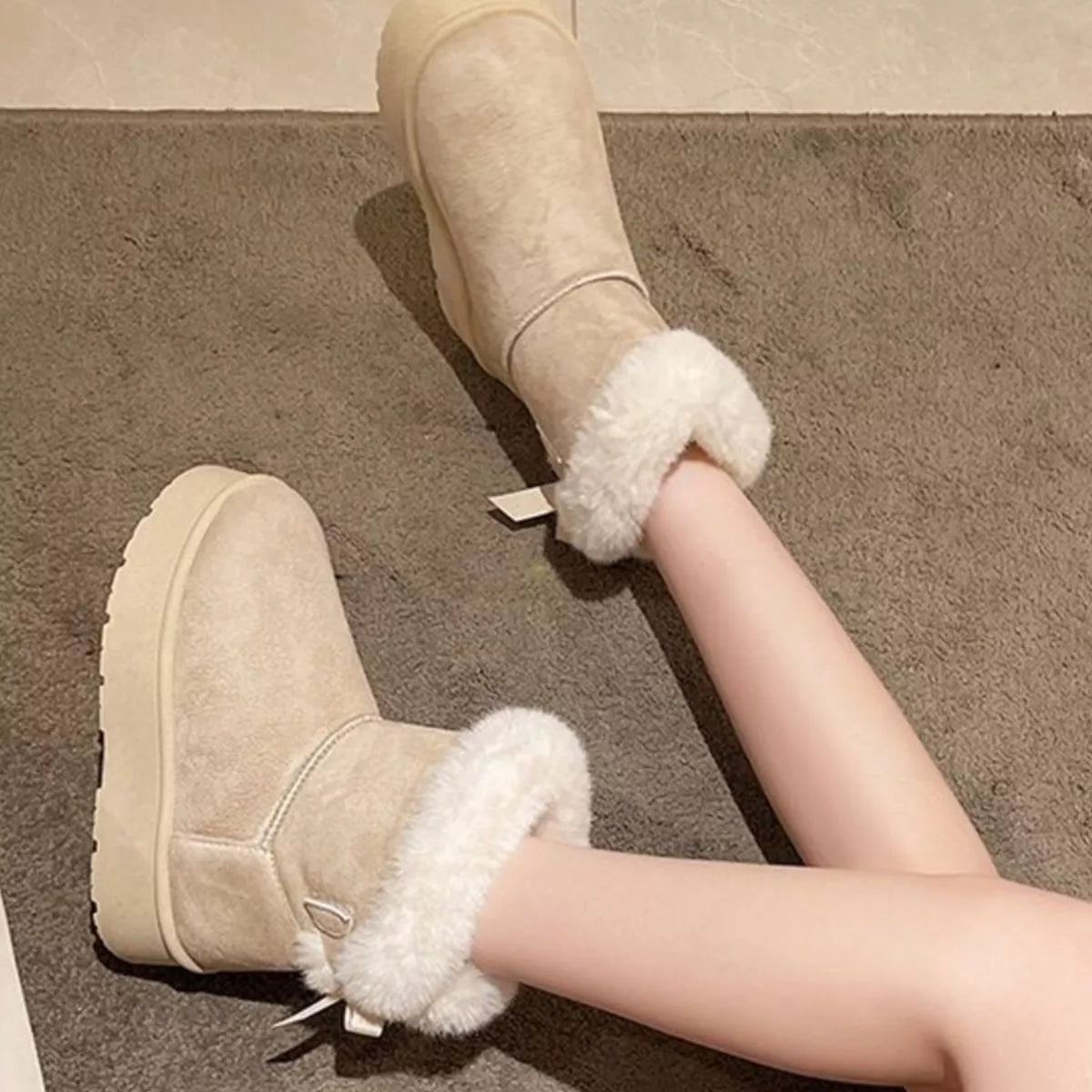 Round Toe Fuzzy Boots - Beige
