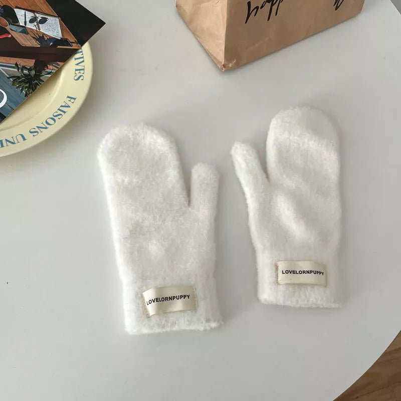 Warm Plush Knitted Mitten Gloves - White One Size