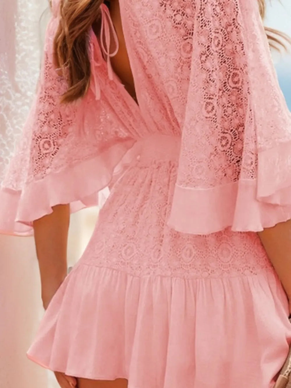 Ruffle Hem Tie Back Lace Mini Dress -