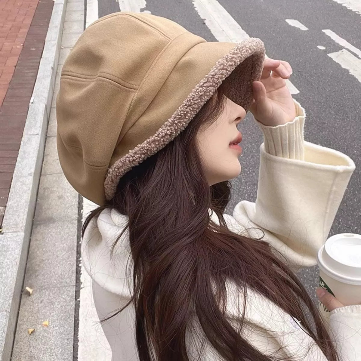 Plush Trim Baker Boy Hat - Coffee One Size