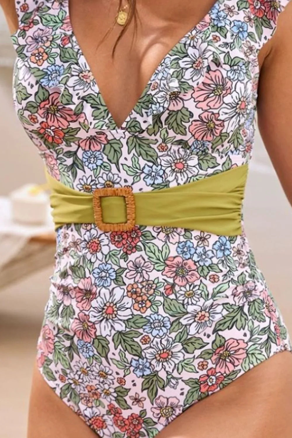 Ruffled Plunge Floral One-Piece Swimwear - Pastel Blue