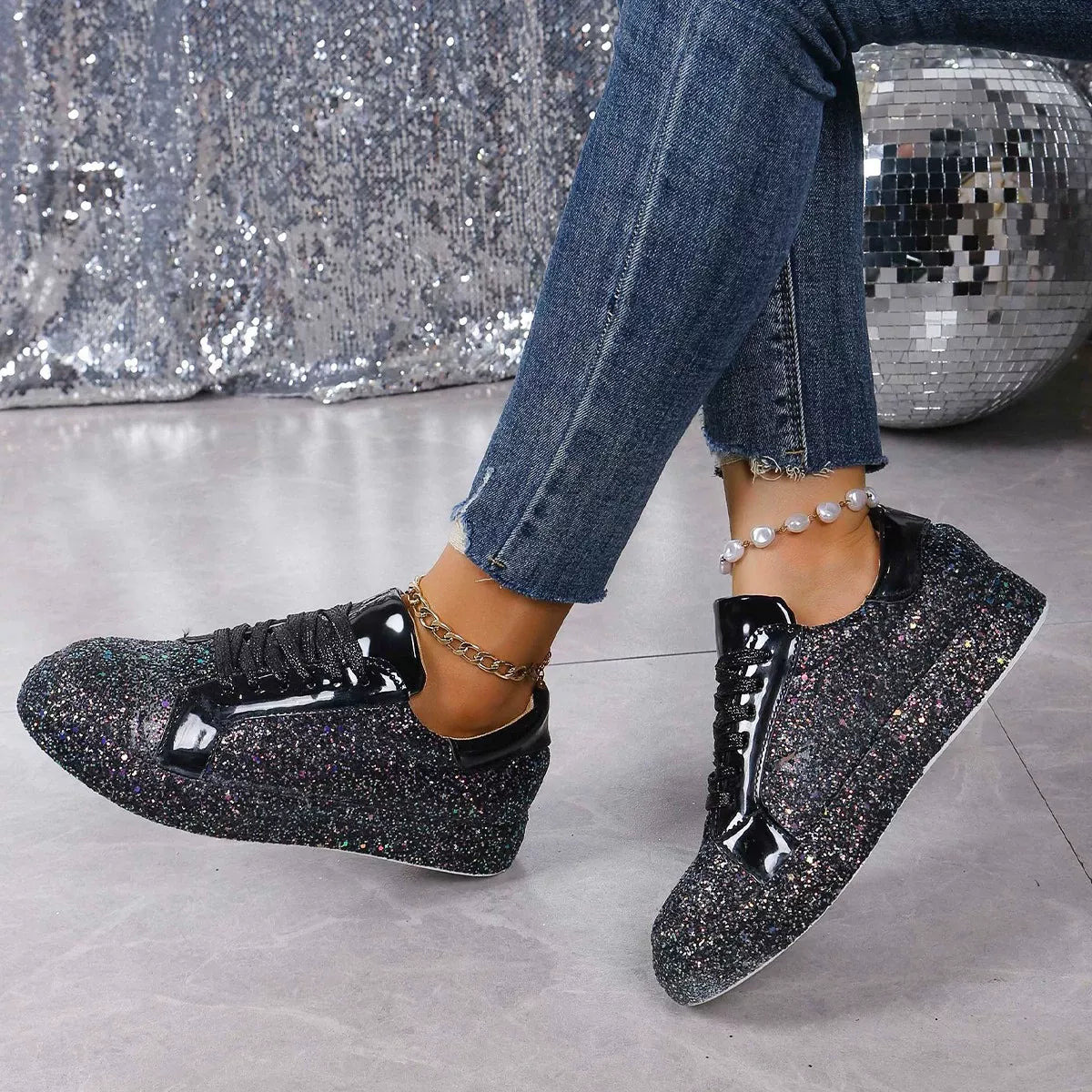 Sequin Lace Up Sneakers -