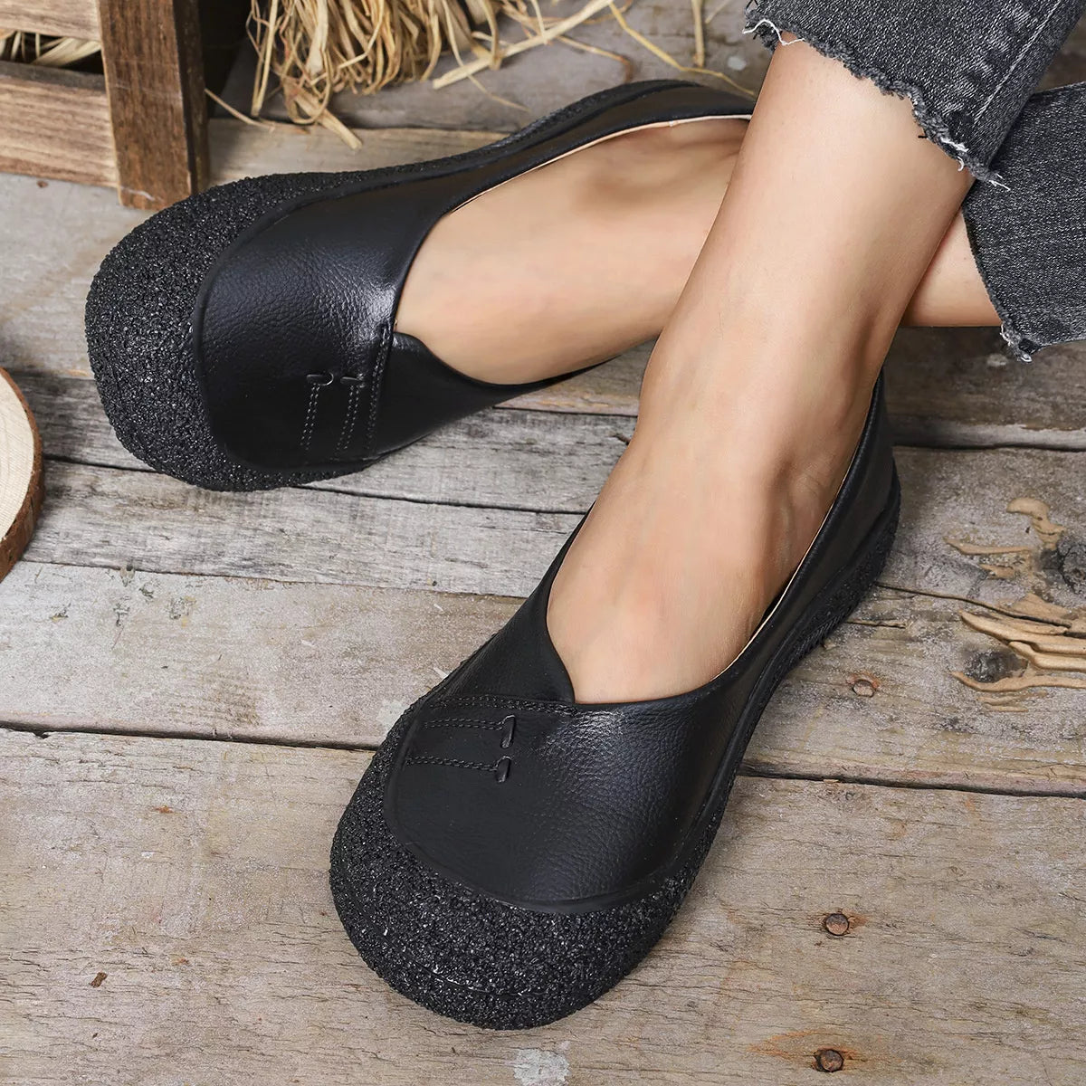Round Toe Slip-Ons - Black