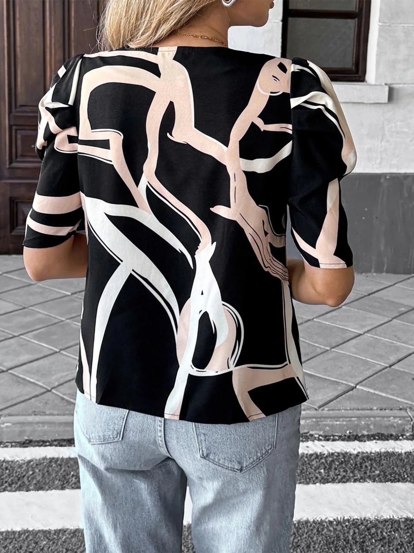 Abstract Print Puff Sleeve Notched Blouse - Black