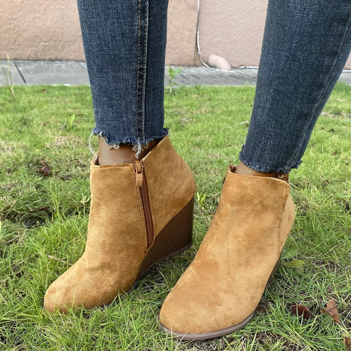 Round Toe Wedge Ankle Boots - Brown