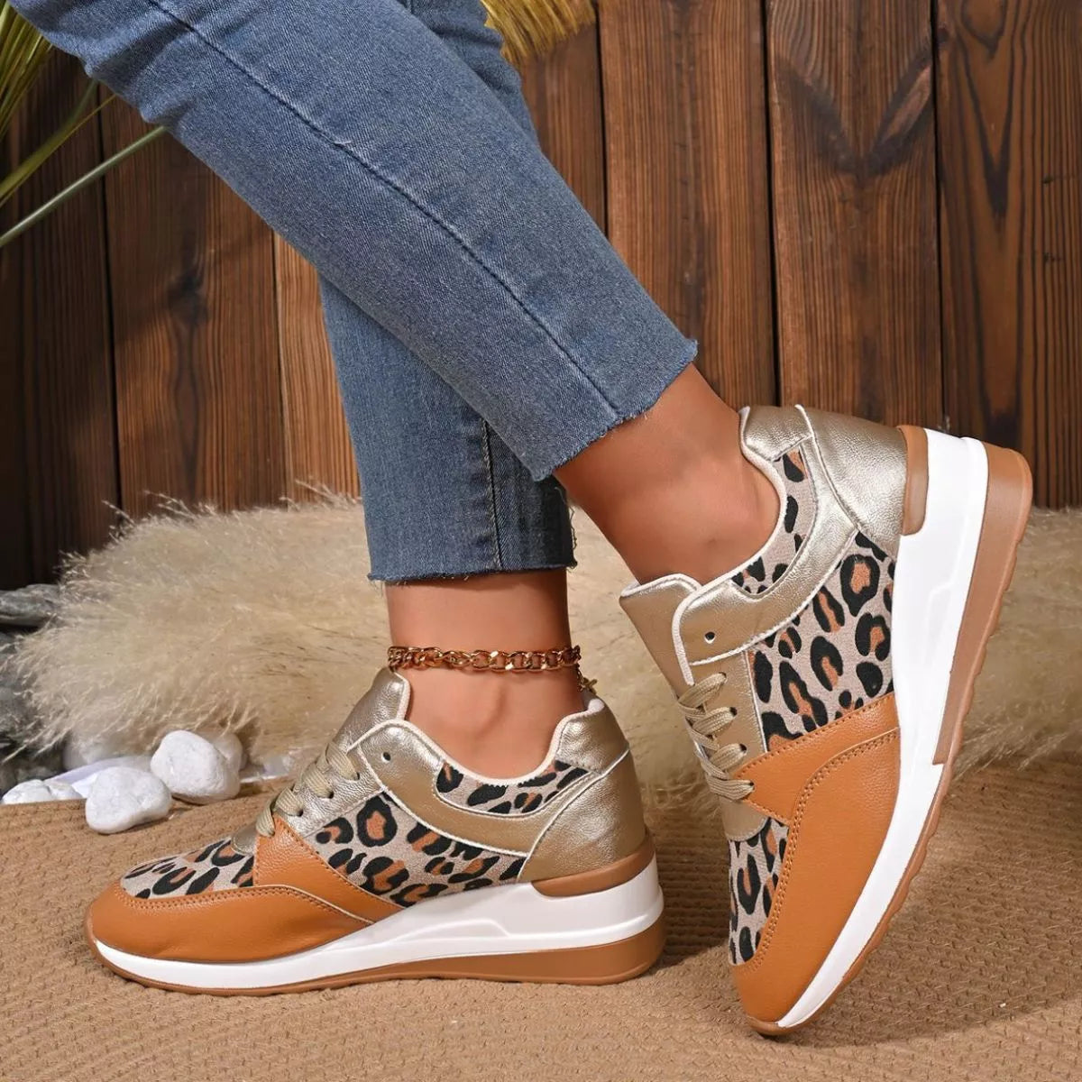 Leopard Lace Up Sneakers -