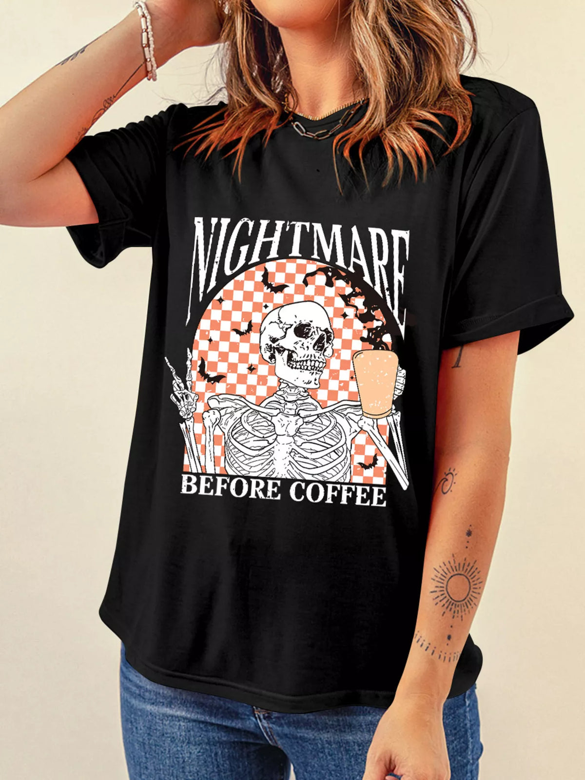 Skull Checkerboard Graphic Round Neck T-Shirt - Black