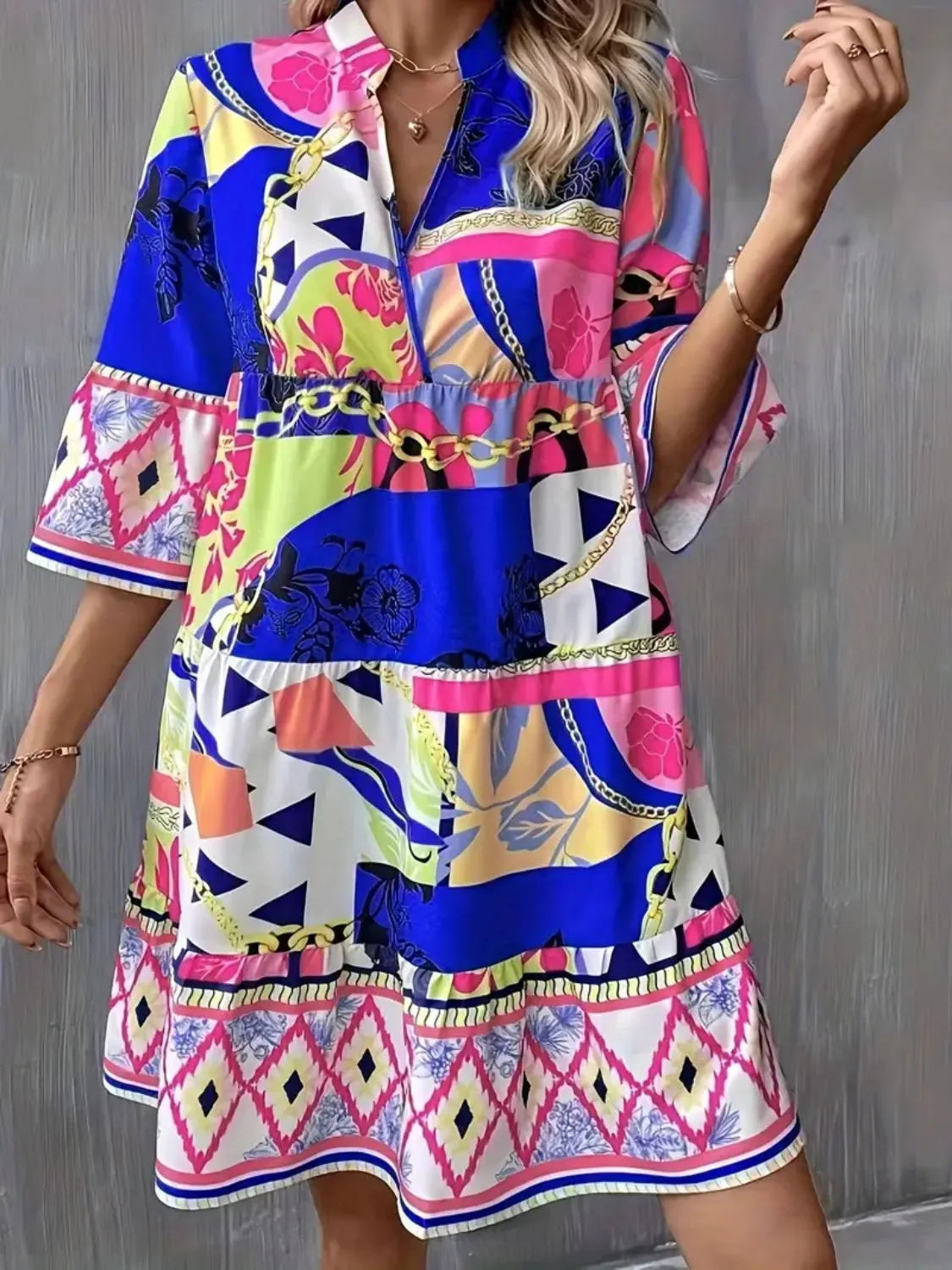 Printed Notched 3/4 Sleeve Tiered Dress - Royal Blue