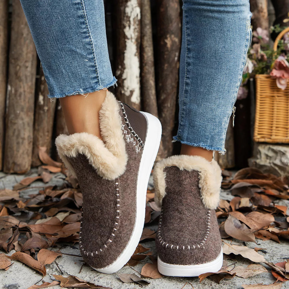 Cozy Fur-Trimmed Slip-Ons - Reddish Brown