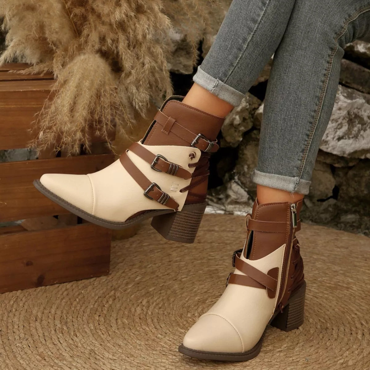 Point Toe Buckle Strap Ankle Boots -