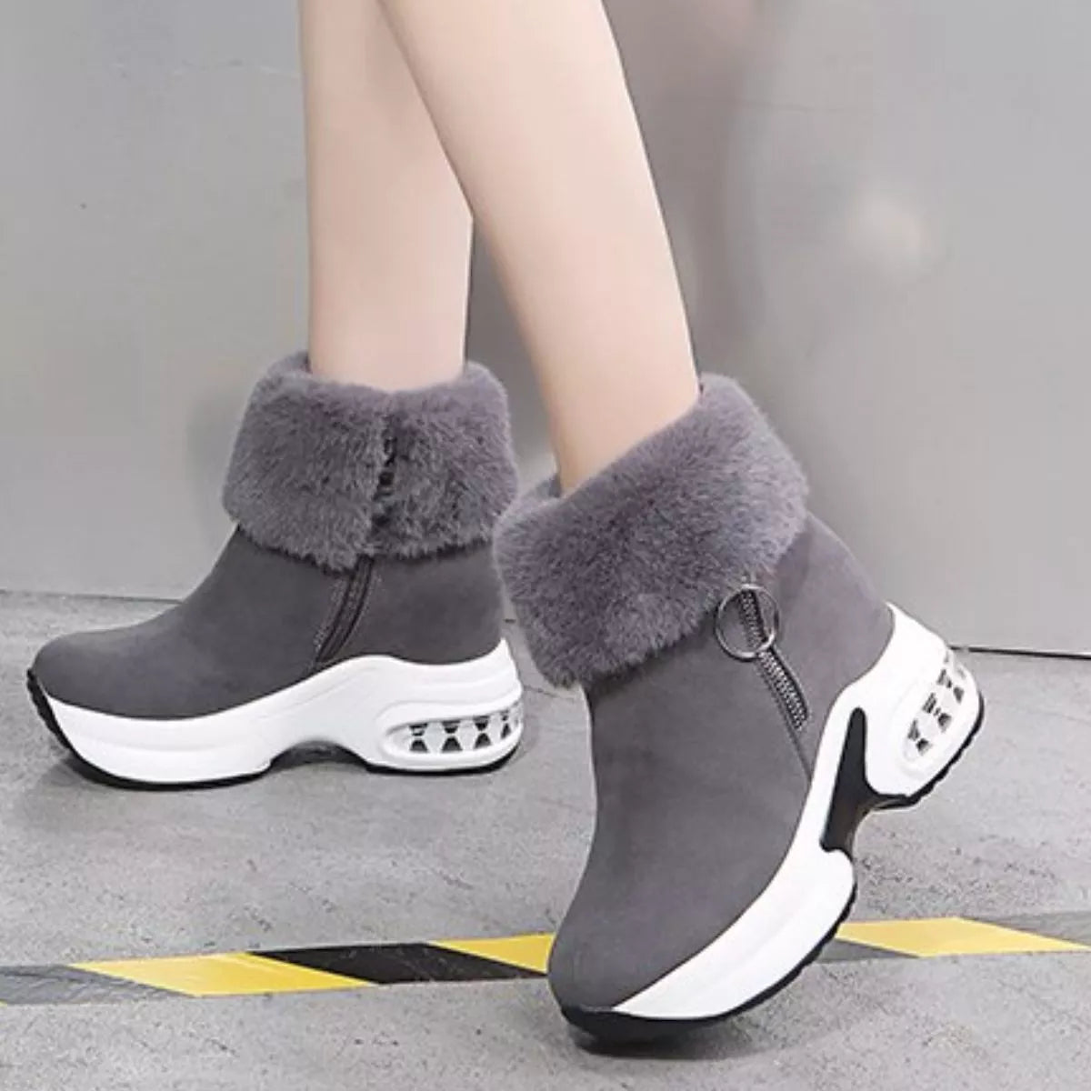 Fuzzy Side Zipper Platform Ankle Boots -
