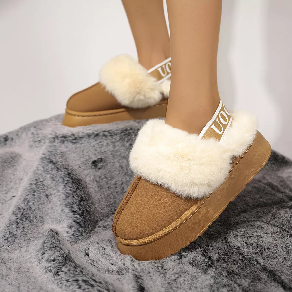 Round Toe Platform Ankle Slippers - Caramel