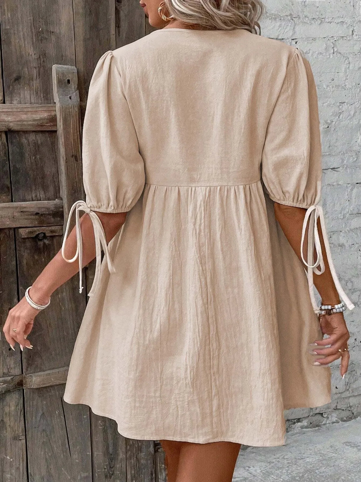 V-Neck Puff Sleeves Mini Dress -