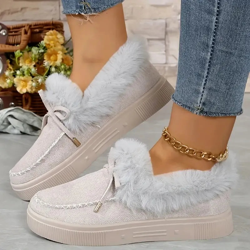 Bow Furry Round Toe Flat Slip-Ons -